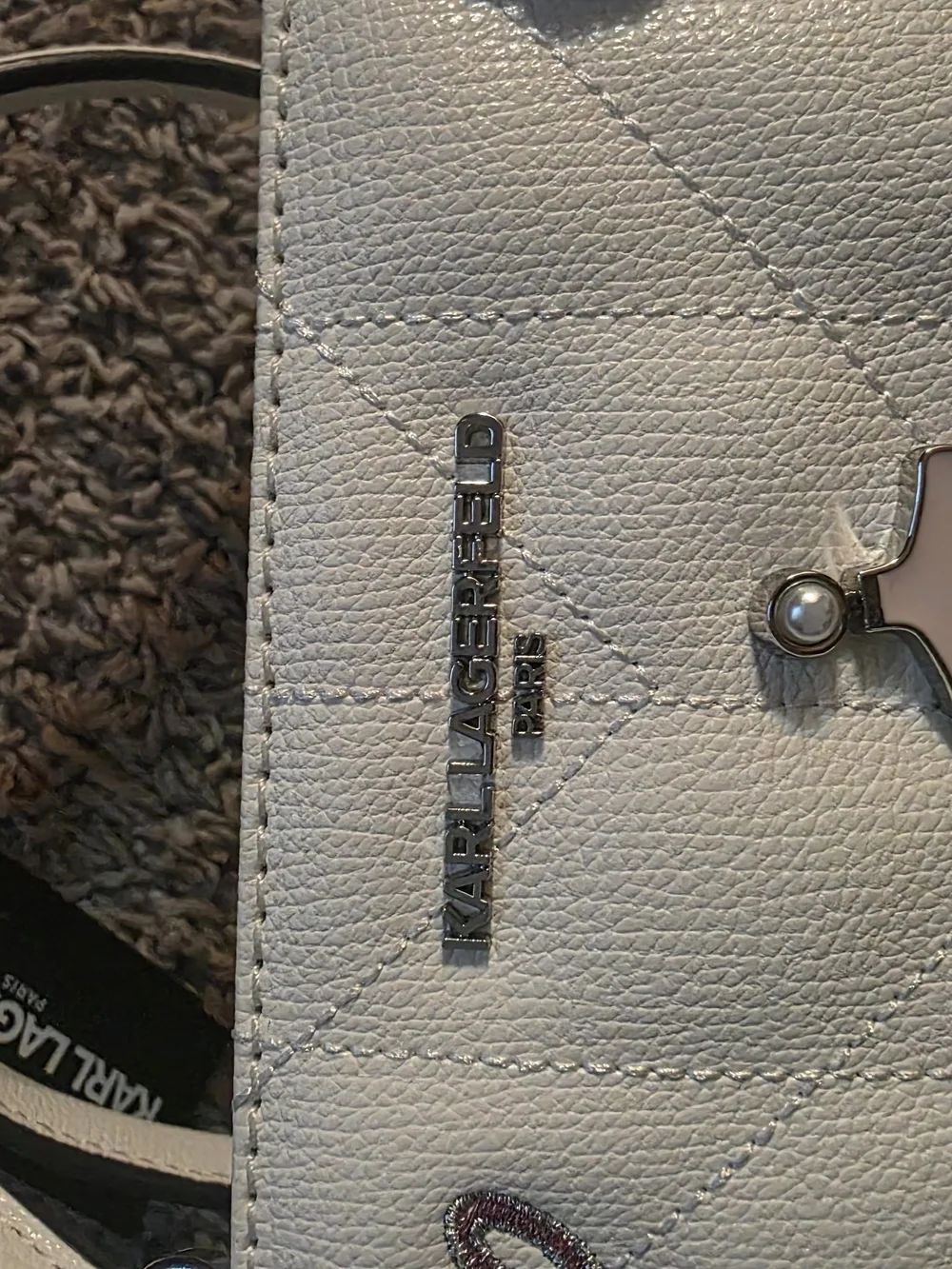 Karl Lagerfeld White Quilted Satchel with Playful Charm Accents